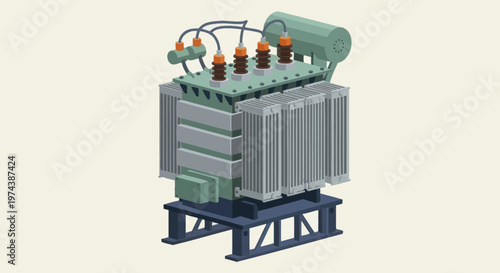 Industrial power transformer for electrical energy distribution and voltage regulation.