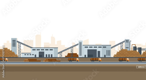 Industrial Timber Processing Plant with Log Piles and Trucks.