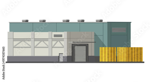 Industrial Warehouse Building with Shipping Containers and Loading Dock.