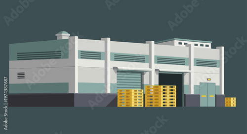 Industrial warehouse building with stacked wooden pallets outside.