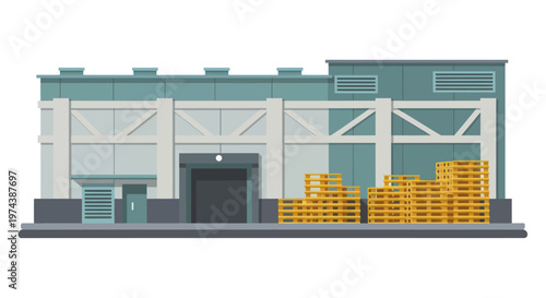 Industrial Warehouse Building with Stacked Wooden Pallets for Storage and Logistics.