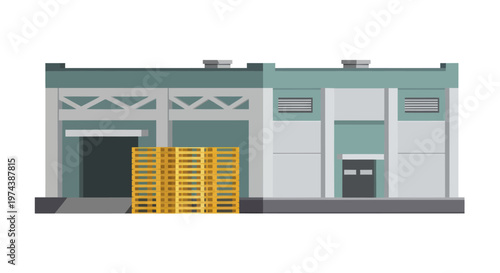 Industrial Warehouse Building with Wooden Pallets for Storage and Logistics.