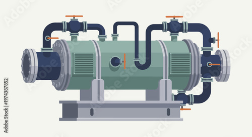 Industrial water pump or compressor with pipes and valves.