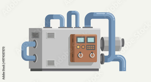 Industrial water heater or boiler system with pipes and control panel.