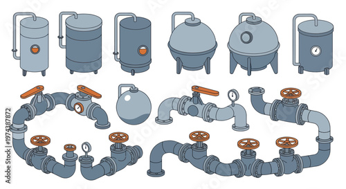 Industrial water tanks and pipe systems with valves and gauges.