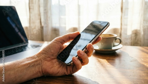 Close-up of a businesswoman's hand using a smartphone at a sunlit home office desk with a laptop and coffee.