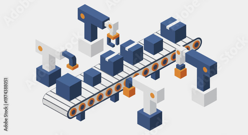 Isometric Automated Factory Production Line with Robotic Arms and Conveyor Belt.
