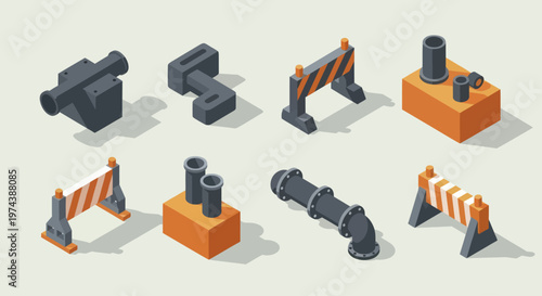 Isometric Construction Elements and Industrial Pipes Set.