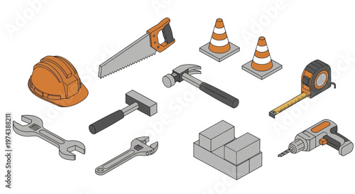 Isometric illustration of essential construction and building tools equipment.