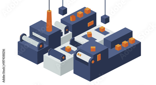 Isometric illustration of various industrial batteries and power sources.
