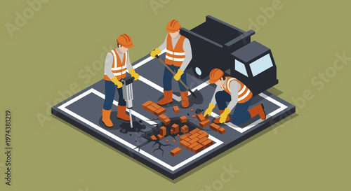 Isometric illustration of road construction workers with a dump truck.