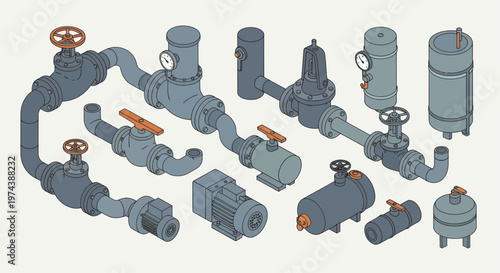 Isometric illustration of various industrial pipes, valves, and pumps for water and gas systems.