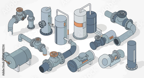Isometric illustration of various industrial pumps and filtration systems.
