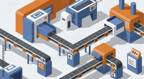 Isometric Industrial Factory with Conveyor Belts and Production Machinery.