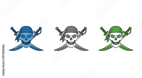 Three stylized pirate skull emblems with crossed cutlasses in blue, gray, and green color variations