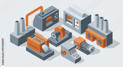 Isometric Industrial Machinery and Factory Equipment Collection.