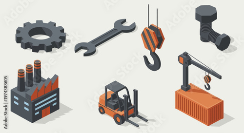 Isometric Industrial Tools and Factory Elements Collection.