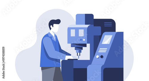 Man Operating Advanced CNC Machine in Industrial Setting.