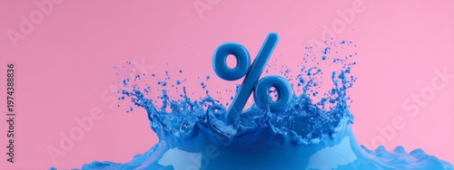 blue percent symbol with dynamic liquid splash on pastel pink background. Concept of discount, sale, promotion, pricing, marketing, finance. banner 