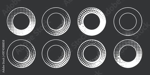  set of nine circular halftone design elements in monochrome