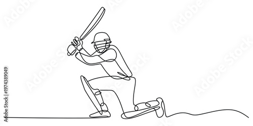A single continuous line drawing of a cricket player swinging a bat in a dynamic batting stance