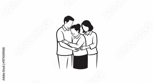 Family members comforting crying older woman with a hug