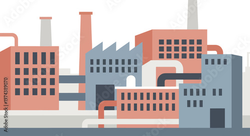 Modern Industrial Factory Buildings Complex with Smokestacks.
