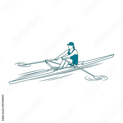 Female athlete rowing scull on water in outline illustration