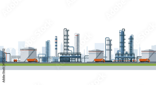 Oil refinery or chemical plant with storage tanks and industrial buildings.