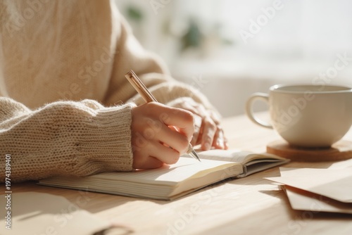 Mindful morning concept with woman writing in notebook beside coffee cup. Soft natural light, neutral tones and calm home atmosphere.