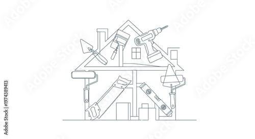 Line art house filled with various construction and repair tools