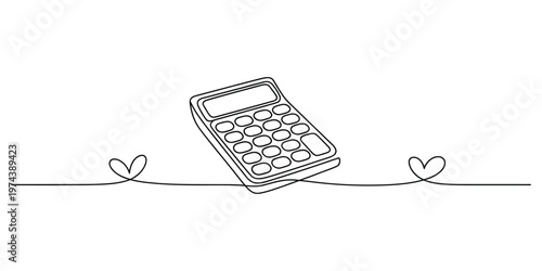 A single continuous line drawing of a simple digital calculator flanked by two small heart shapes
