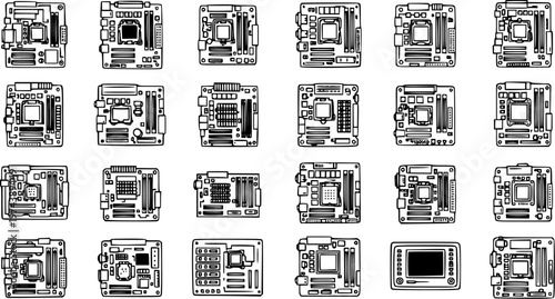 Black and White Line Art Illustration of Various Computer Motherboards, Technology Concept