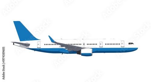 Minimalist blue and white passenger jet on white background