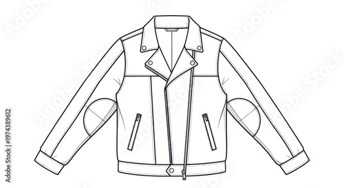 Technical flat sketch of a classic biker jacket with elbow patches.