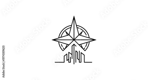 Minimalist compass rose star over abstract city skyline outline icon