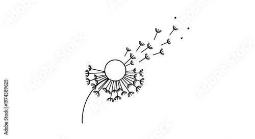 Minimalist dandelion with seeds blowing in simple line art