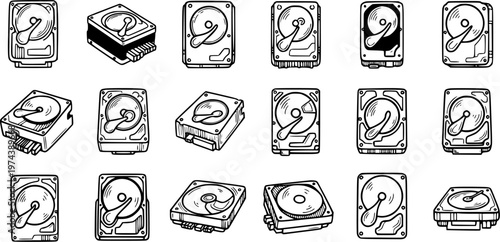 Black and White Line Art Icons of Computer Hard Drives, Technology Storage Devices