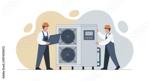 Two technicians installing and maintaining a large industrial air conditioning unit.