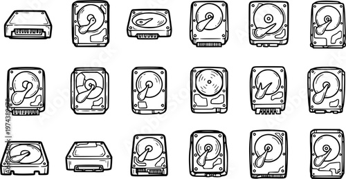 Black and White Line Art Icons of Hard Drives, Technology, Computer Hardware, Data Storage