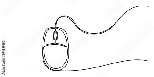 A single continuous line drawing of a computer mouse with a scrolling wheel and long connecting cord