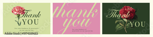 Floral Thank You Card Template Set Three Variants Carnation Camellia Green Pink Dark Wedding Stationery