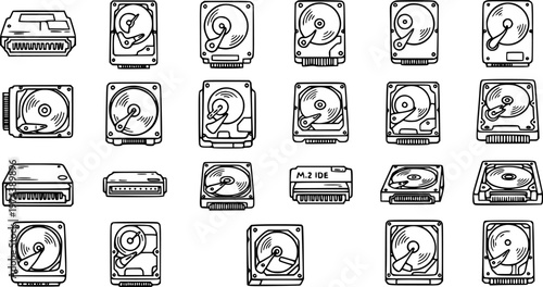 Black and White Line Art Icons of Various Hard Disk Drives and Storage Devices for Technology