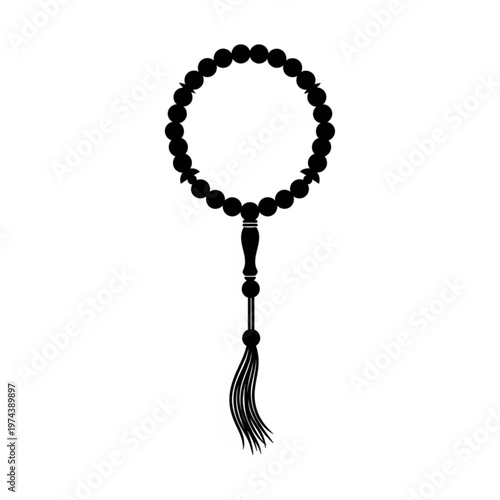 A minimalist black rosary with a tassel on a white background, symbolizing faith and spirituality