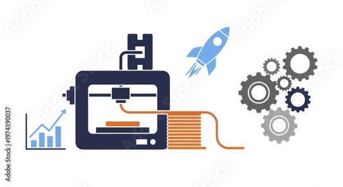 3D Printing Technology with Gears and Rocket Icon.