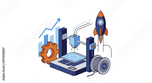3D Printing Technology and Innovation with Rocket Launch.