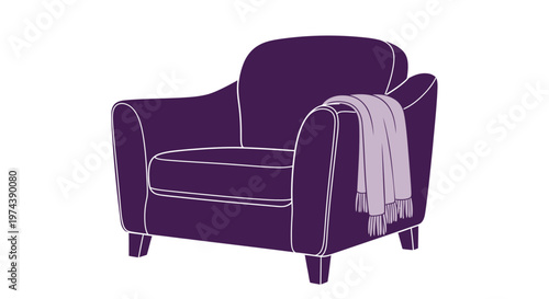 Purple armchair with blanket on arm on white background