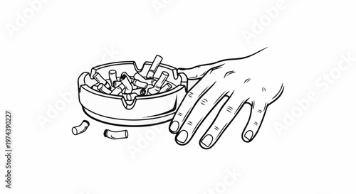 A hand reaches towards a overflowing ashtray filled with cigarette butts