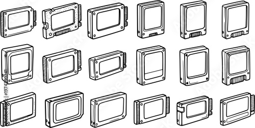 Black and White Line Art of Various Computer Storage Devices and Memory Cards