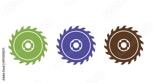 Three circular saw blades in green, blue, and brown colors with sharp teeth arranged in a row